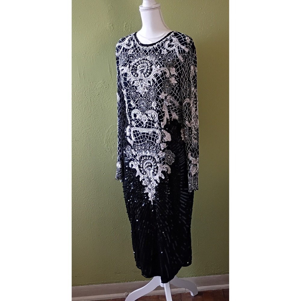 80's Vintage Art Deco Glamour Black White Beaded Gown Maxi Dress Womens M Medium